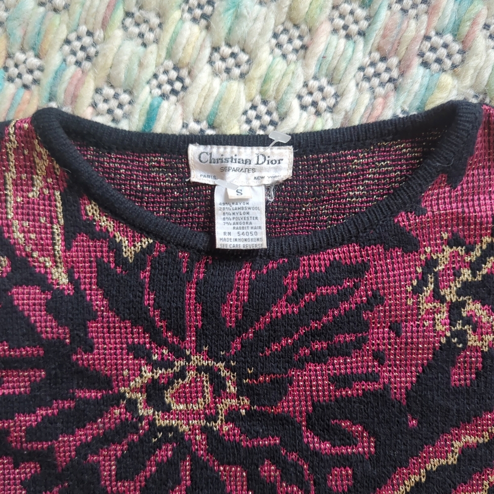 Rare! Vintage 80s Christian Dior Paisley Floral Intarsia Metallic Knit Sweater S - Picture 5 of 5